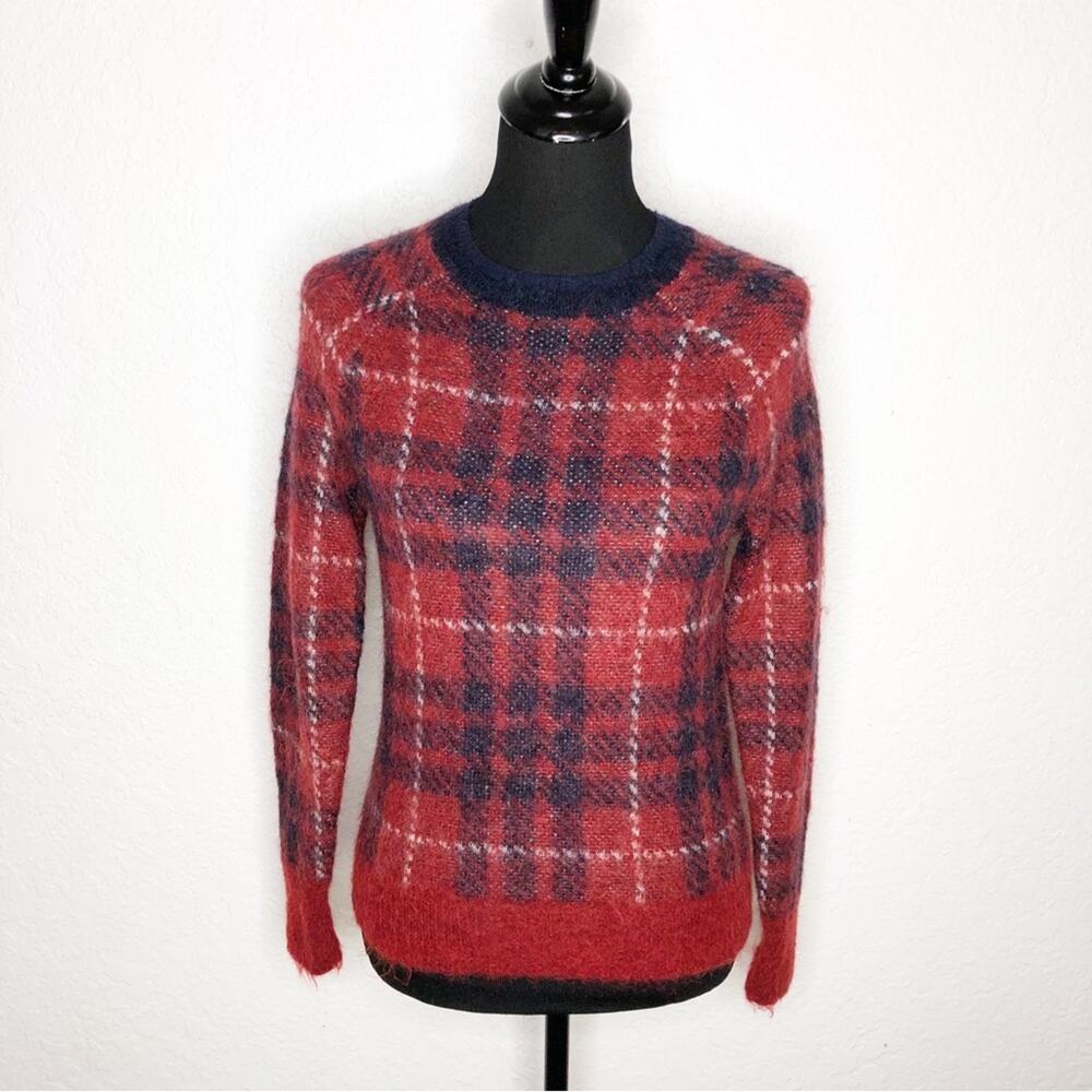 J Crew red navy white plaid wool mohair blend sweater size Small